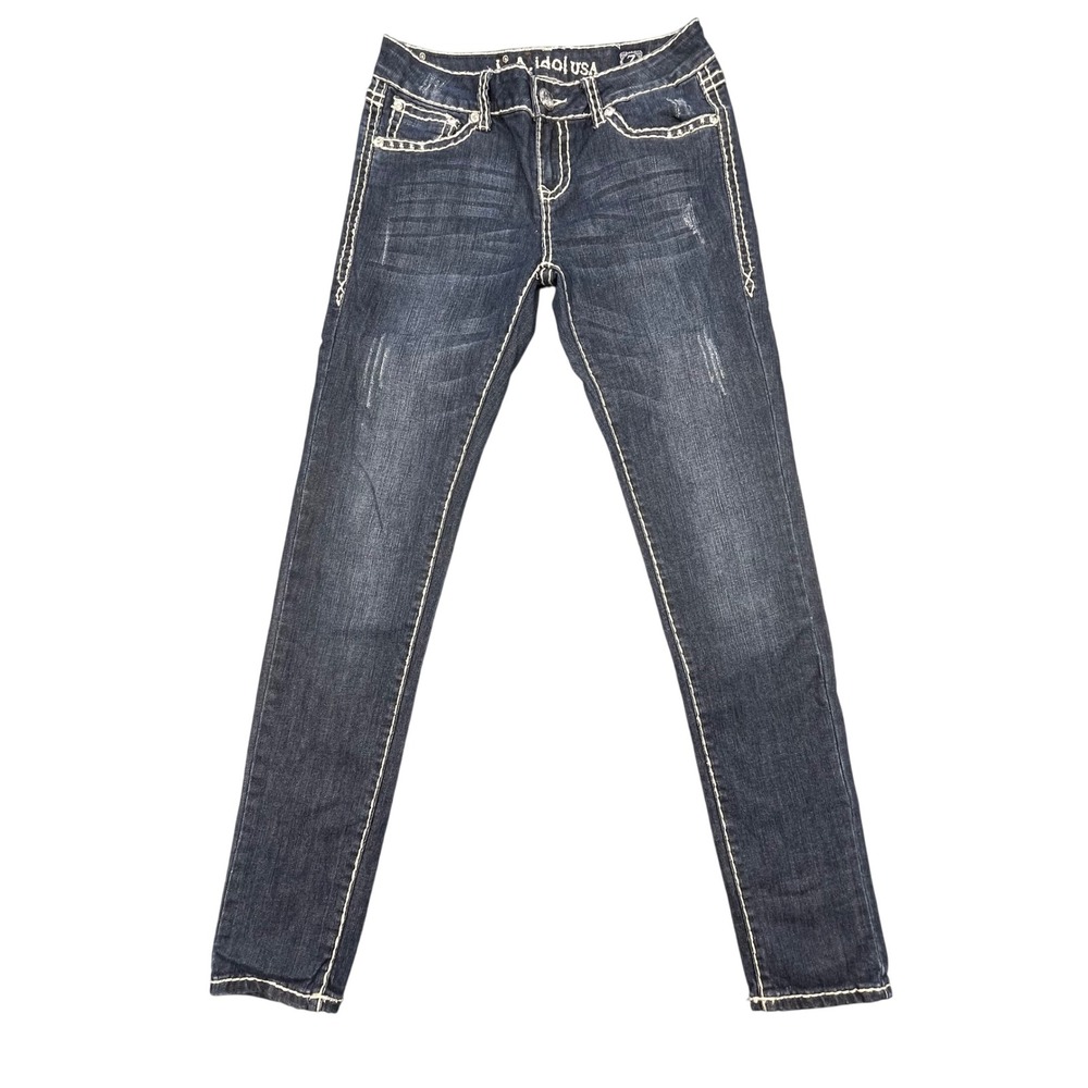 LA Idol Blue Embroidered Crown Skinny Jeans Women Size 7 30x31.5